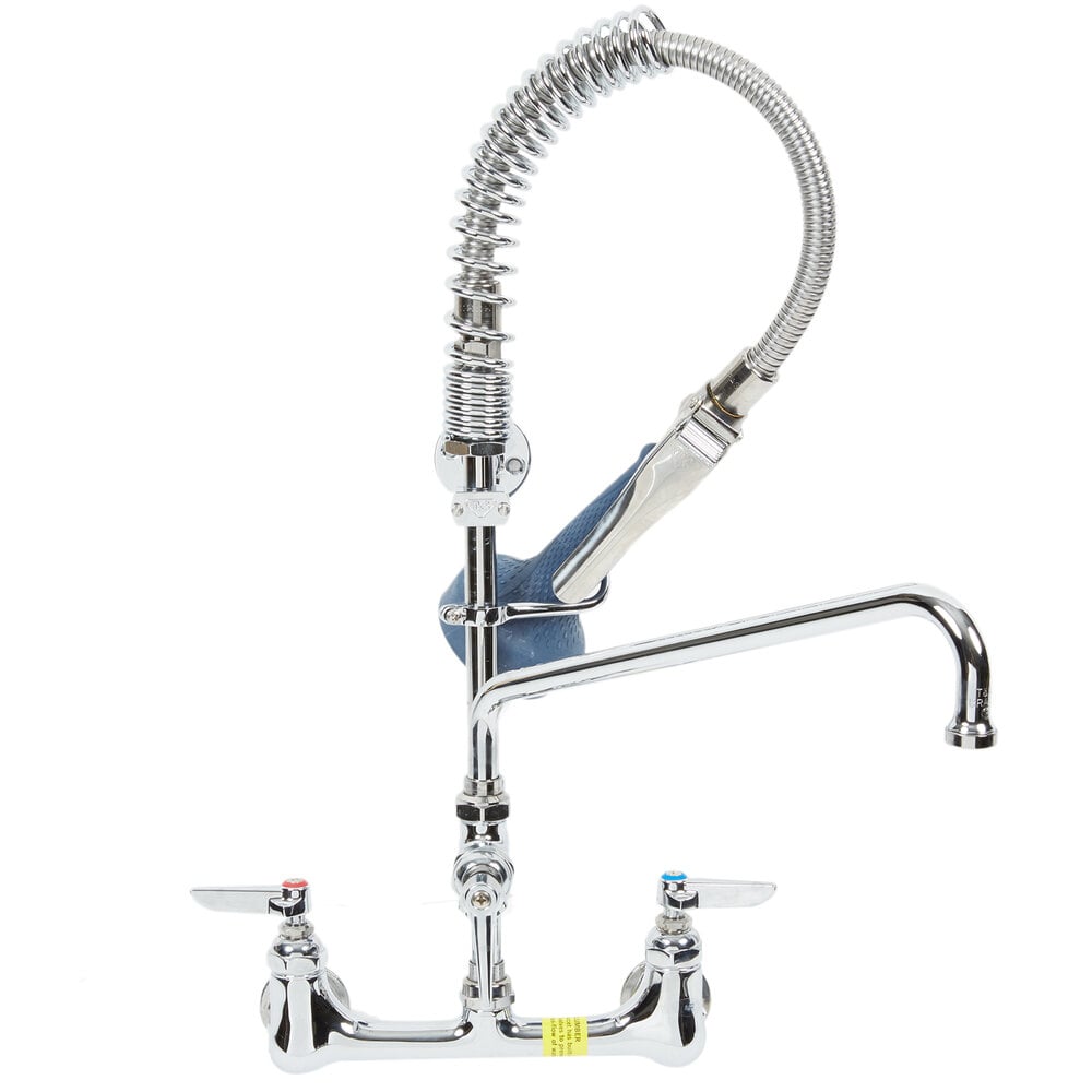 T&S MPR-8WLN-12 EasyInstall Wall Mounted 22 1/8" High Mini Pre-Rinse Faucet with Adjustable 8" Centers, 1.07 GPM Ergonomic Spray Valve, 24" Hose, 12" Add-On Faucet, and 6" Wall Bracket