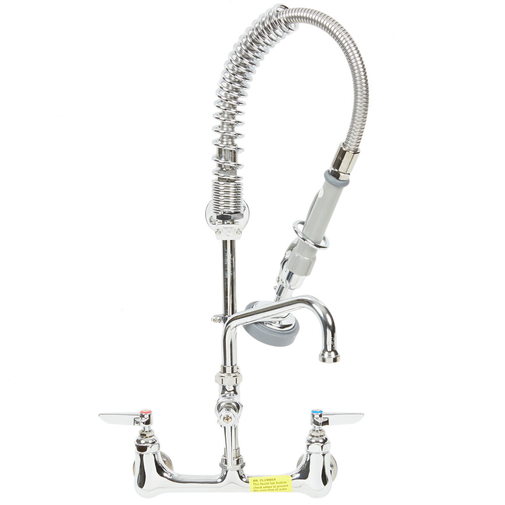 T&S MPZ-8WLN-06 EasyInstall Wall Mounted 22 1/8" High Mini Pre-Rinse Faucet with Adjustable 8" Centers, 1.15 GPM Spray Valve, 24" Hose, 6" Add-On Faucet, and 6" Wall Bracket