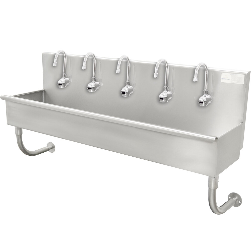 Advance Tabco 19-18-100EF 16-Gauge Multi-Station Hand Sink with 8" Deep Bowl and 5 Electronic Faucets - 100" x 17 1/2"