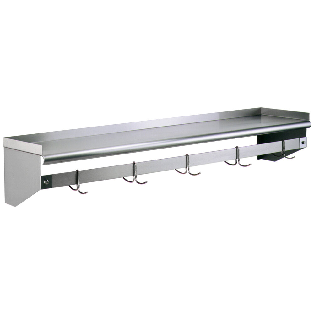 Eagle Group WSP1572 15" x 72" Stainless Steel Wall Mounted Shelf with Pot Rack and 6 Double Prong Hooks