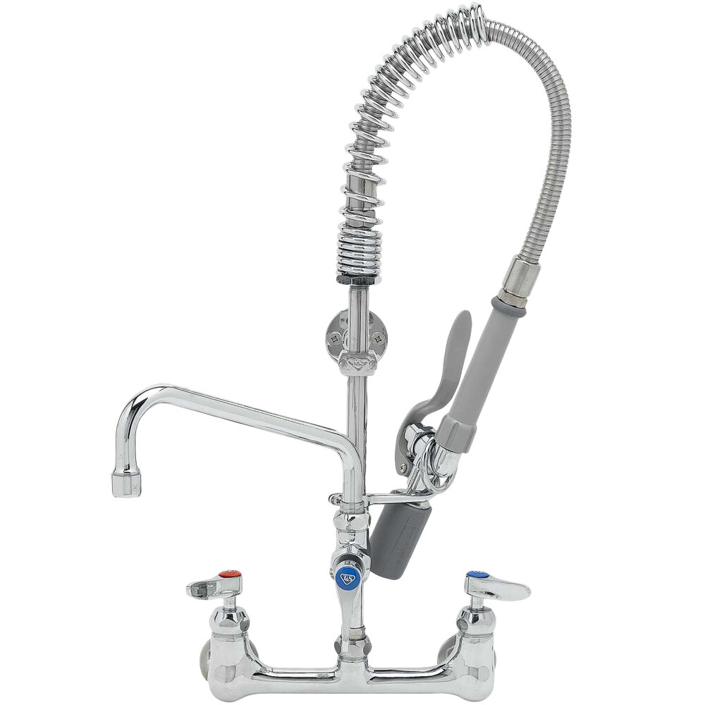 T&S MPY-8WLN-08-CR EasyInstall Wall Mounted Pre-Rinse Faucet with 8" Centers, 24" Hose, 8" Riser, Spray Valve, 8" Add-On Faucet, and 6" Wall Bracket