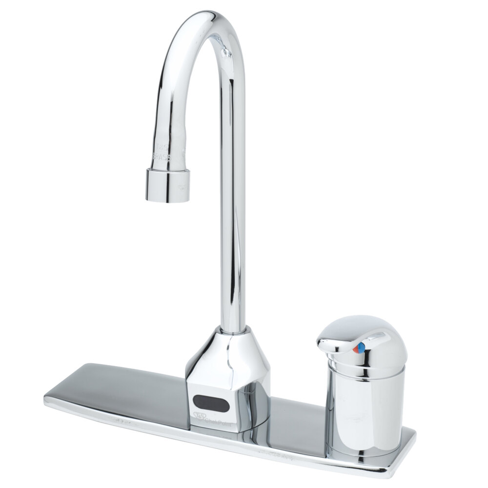T&S EC-3100-SMT8V05 Deck Mounted ChekPoint Hands-Free Sensor Faucet with Single Inlet, 8" Center Deck Plate, 4 1/8" Gooseneck Spout, 0.5 GPM Non-Aerated Spray Device, Above Deck Mixing Valve, and Supply Lines
