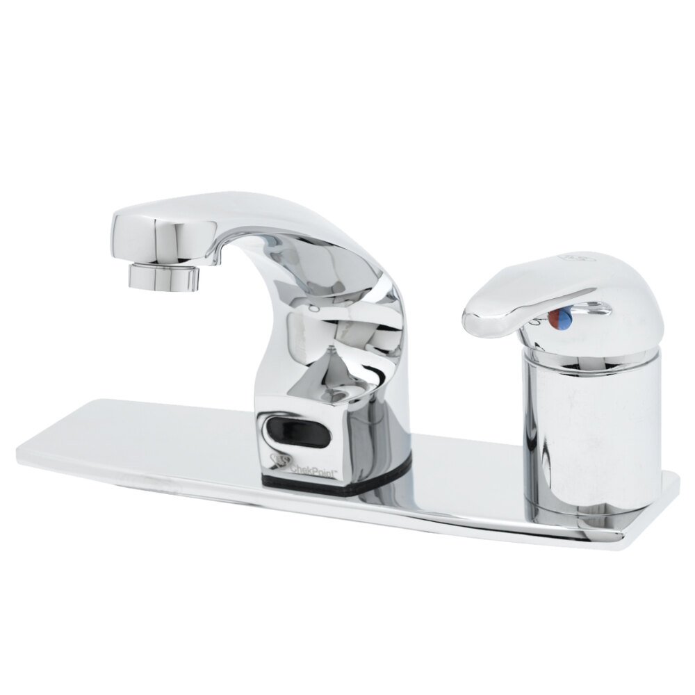 T&S EC-3102-SMT4V05 Deck Mounted ChekPoint Hands-Free Sensor Faucet with Single Inlet, 4" Center Deck Plate, 4 13/16" Cast Spout, 0.5 GPM Non-Aerated Spray Device, Above Deck Mixing Valve, and Supply Lines