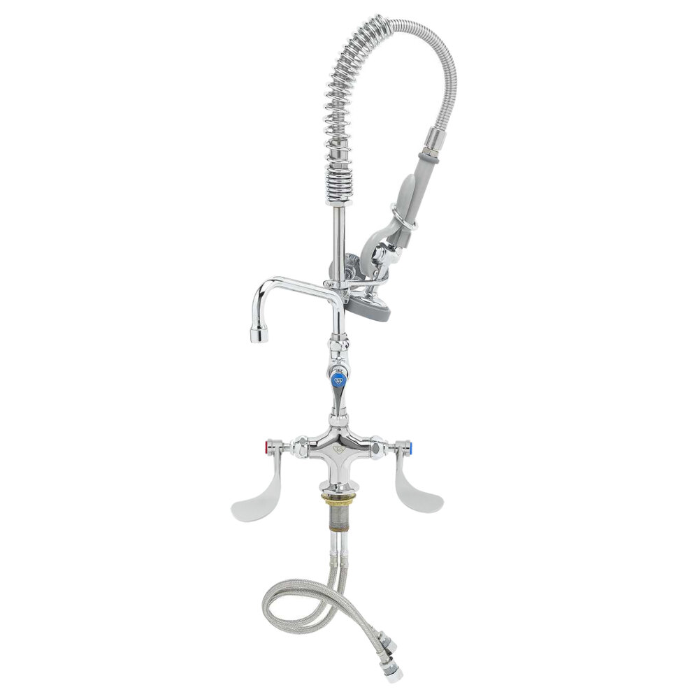 T&S MPZ-2DWV-08-CR Low Profile Deck Mounted Pre-Rinse Faucet with Single Base, 1.15 GPM Spray Valve, 8" Add-On Faucet, Cerama Cartridges, and Wrist Handles