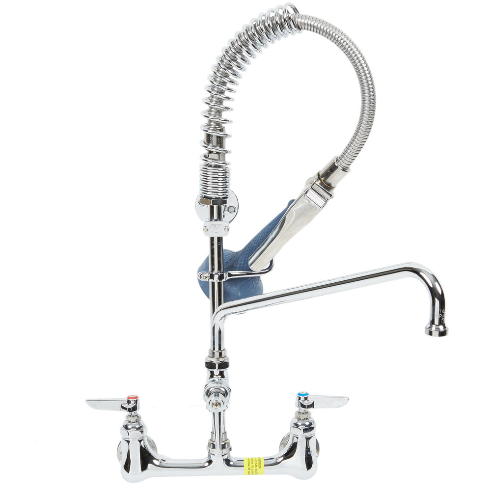 T&S MPR-8WLN-08-CRS Low Profile Wall Mounted Pre-Rinse Faucet with 8" Centers, 24" Hose, 1.07 GPM Spray Valve, Swivel, 8" Add-On Faucet, and Wall Bracket