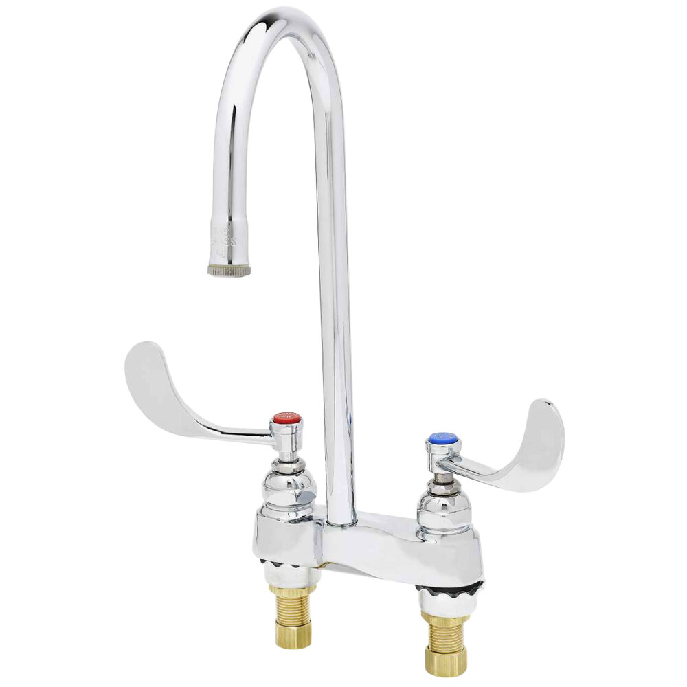 T&S B-0892-122X-CR Deck Mounted Lavatory Faucet with 6" Rigid Gooseneck Spout, 4" Centers, Cerama Cartridges, and 4" Wrist Handles