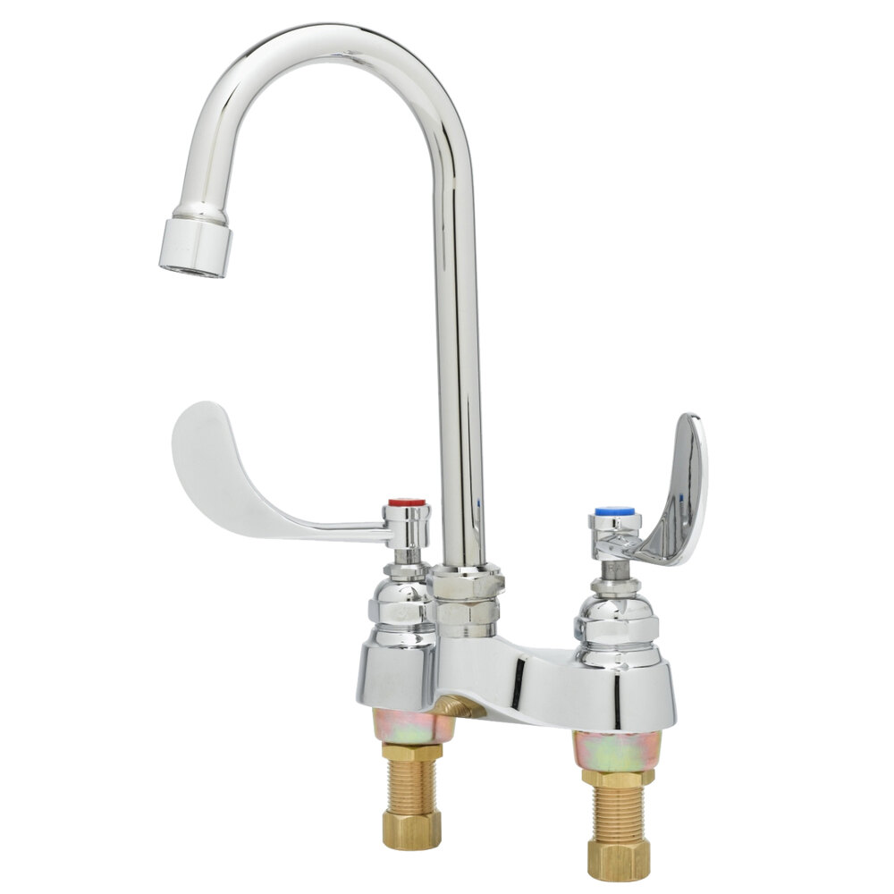 T&S B-0892-QT-VF05 Deck Mounted Lavatory Faucet with 4 3/8" Swivel Gooseneck Nozzle, 4" Centers, Eterna Cartridges, and 4" Wrist Handles