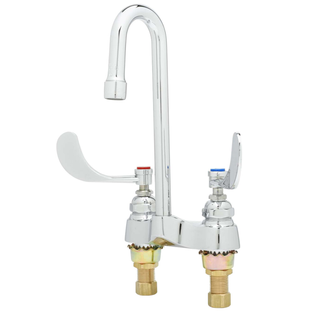 T&S B-0892-F12 Deck Mounted Lavatory Faucet with 2 7/8" Rigid Gooseneck Spout, 4" Centers, 1.2 GPM Aerator, Eterna Cartridges, and 4" Wrist Handles