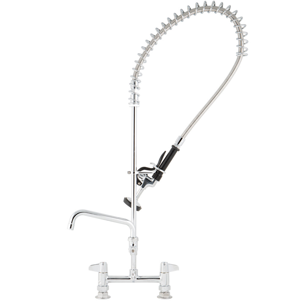 Equip by T&S 5PR-8D08 Deck Mounted 38 1/4" High Pre-Rinse Faucet with 8" Adjustable Centers, 44" Hose, 8 1/8" Add-On Faucet, and 6" Wall Bracket