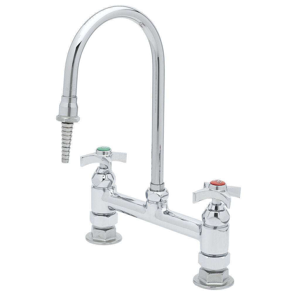 T&S BL-5715-01 Deck Mount Mixing Faucet with 8" Adjustable Centers, 5 7/8" Rigid Gooseneck Spout, Serrated Tip, and 4 Arm Handle