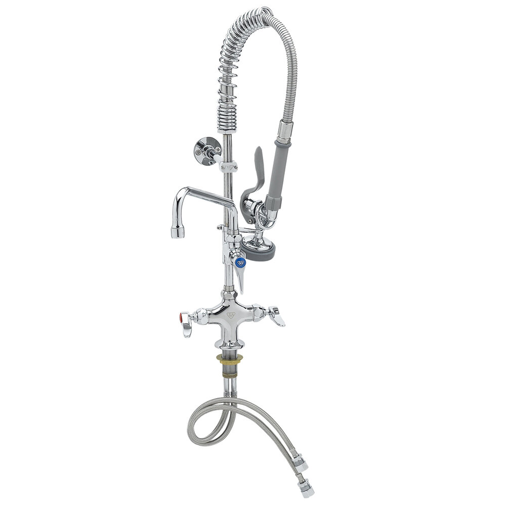 T&S MPZ-2DLN-08 EasyInstall Deck Mounted 24 13/16" High Mini Pre-Rinse Faucet with Flex Inlets, 24" Hose, 8" Add-On Faucet, and 6" Wall Bracket