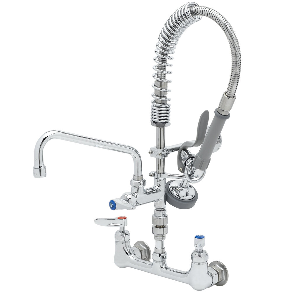 T&S MPZ-8WLV-08-CR EasyInstall Wall Mounted 21 1/8" High Mini Pre-Rinse Faucet with Adjustable 8" Centers, 24" Hose, 8" Add-On Faucet, Vacuum Breaker, and 6" Wall Bracket