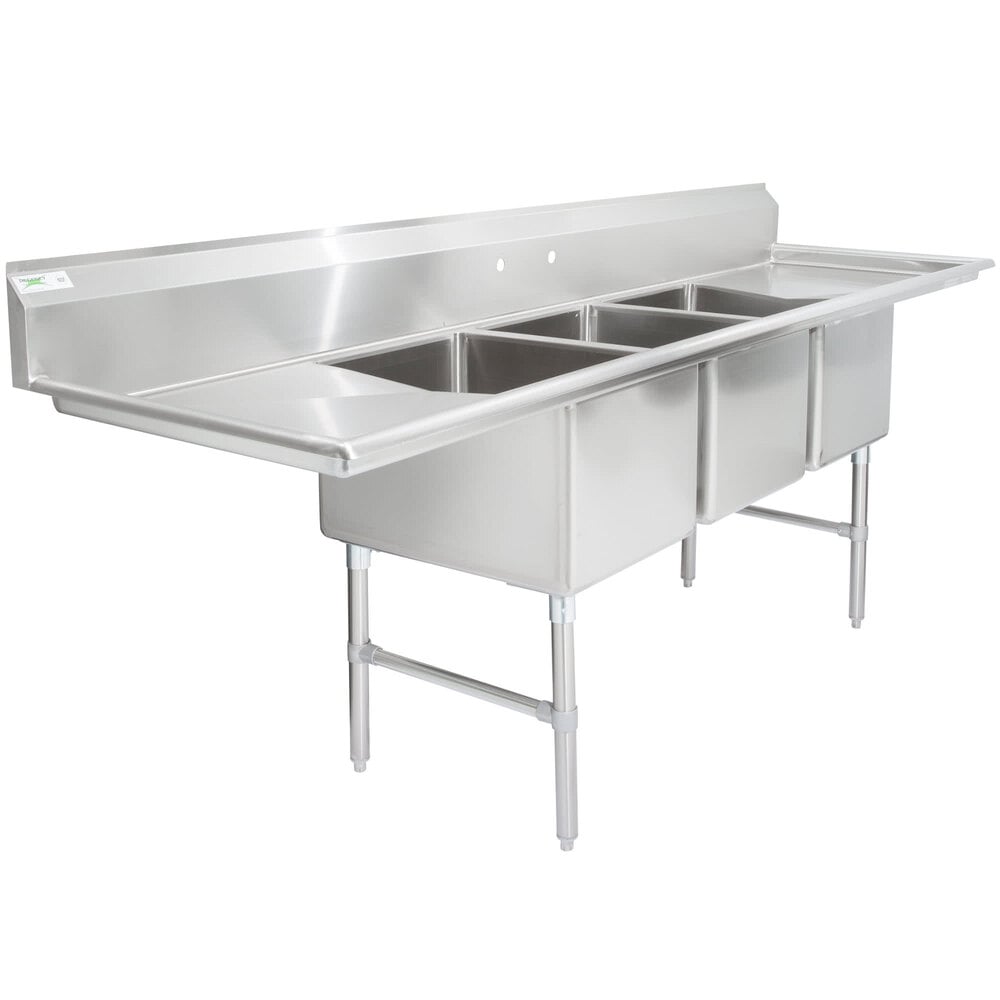 Regency 106" 16-Gauge Stainless Steel Three Compartment Commercial Sink with 2 Drainboards - 18" x 24" x 14" Bowls
