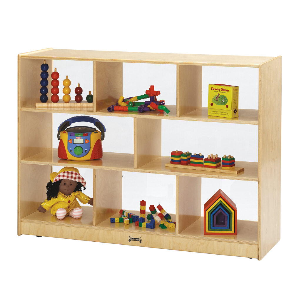 Jonti-Craft Baltic Birch 2691JCPL 48" x 15" x 35 1/2" Super-Sized Mobile 8-Section Wood Storage Cabinet with Acrylic See-Thru Back
