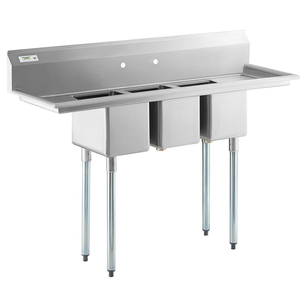 Regency 58" 16-Gauge Stainless Steel Three Compartment Commercial Sink with Galvanized Steel Legs and 2 Drainboards - 10" x 14" x 10" Bowls