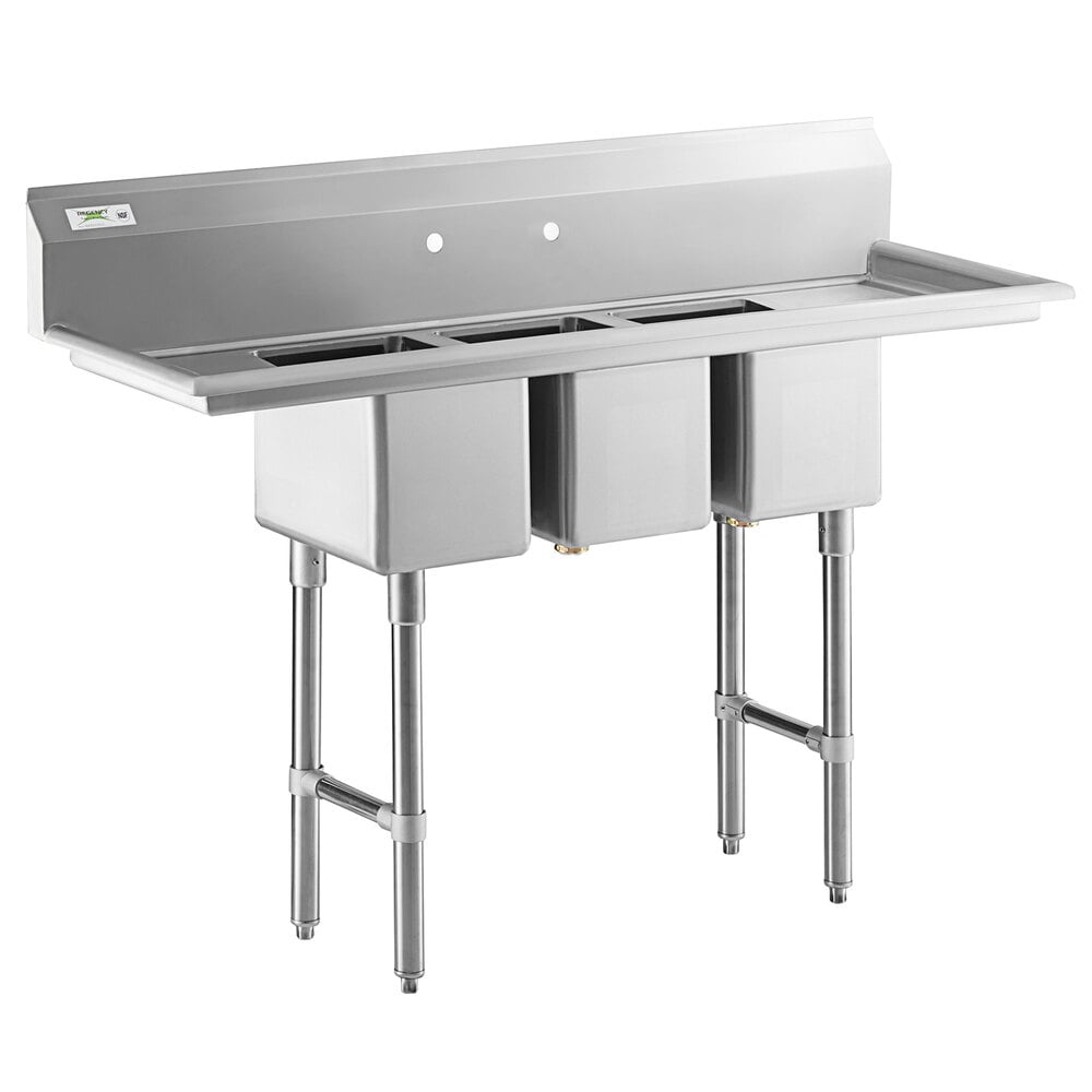 Regency 58" 16-Gauge Stainless Steel Three Compartment Commercial Sink with Stainless Steel Legs, Cross Bracing, and 2 Drainboards - 10" x 14" x 10" Bowls