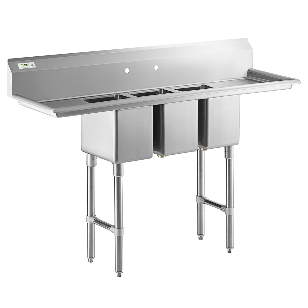 Regency 66" 16-Gauge Stainless Steel Three Compartment Commercial Sink with Stainless Steel Legs, Cross Bracing, and 2 Drainboards - 10" x 14" x 12" Bowls