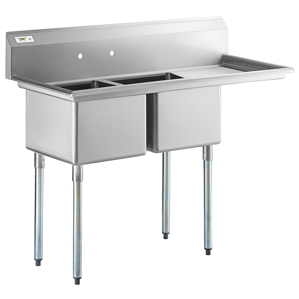 Regency 57" 16 Gauge Stainless Steel Two Compartment Commercial Sink with Galvanized Steel Legs and 1 Drainboard - 17" x 17" x 12" Bowls - Right Drainboard