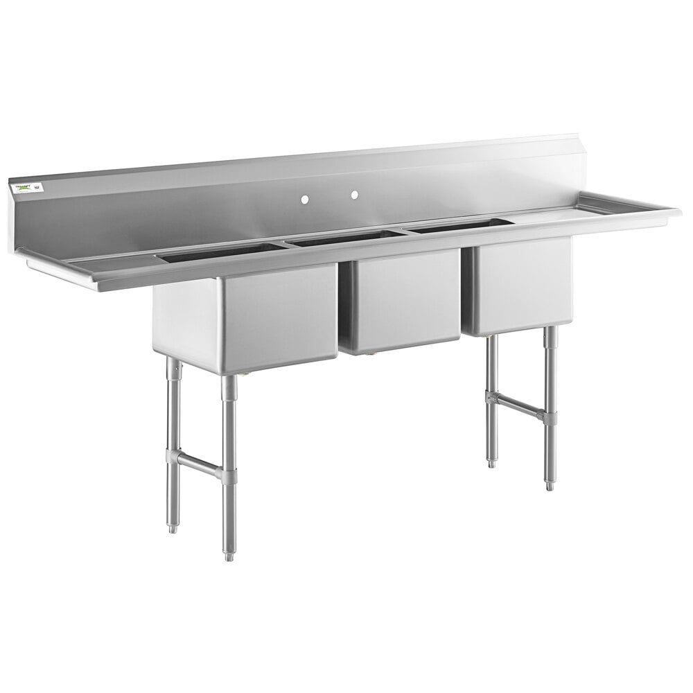 Regency 91" 16-Gauge Stainless Steel Three Compartment Commercial Sink with Stainless Steel Legs, Cross Bracing, and 2 Drainboards - 17" x 17" x 12" Bowls