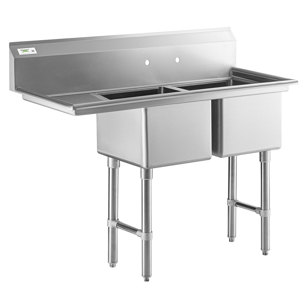Regency 57" 16-Gauge Stainless Steel Two Compartment Commercial Sink with Stainless Steel Legs, Cross Bracing, and 1 Drainboard - 17" x 17" x 12" Bowls - Left Drainboard