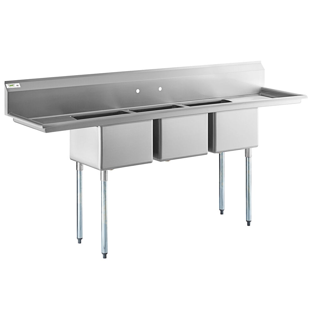 Regency 91" 16-Gauge Stainless Steel Three Compartment Commercial Sink with Galvanized Steel Legs and 2 Drainboards - 17" x 17" x 12" Bowls
