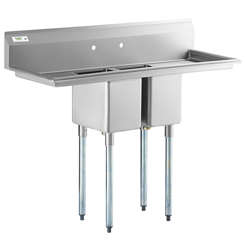 Regency 54" 16-Gauge Stainless Steel Two Compartment Commercial Sink with Galvanized Steel Legs and Two Drainboards - 10" x 14" x 12" Bowls