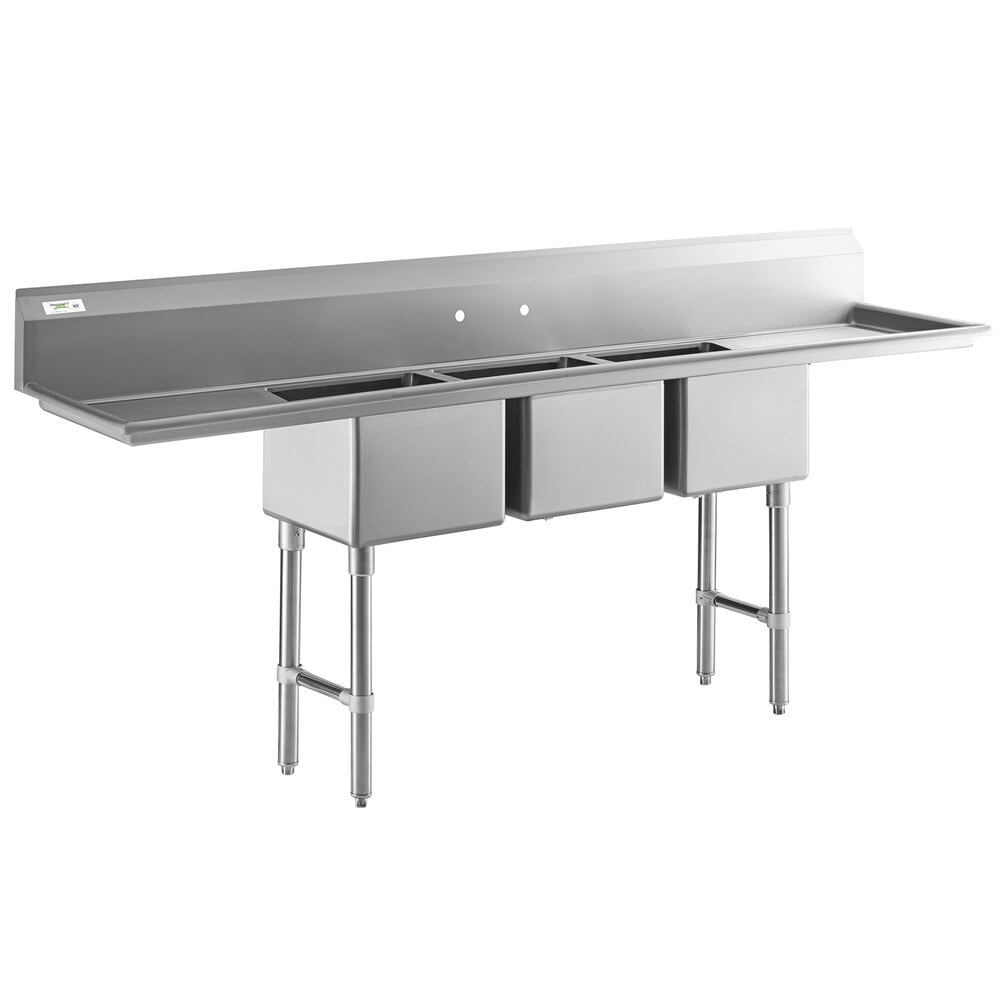 Regency 103" 16-Gauge Stainless Steel Three Compartment Commercial Sink with Stainless Steel Legs, Cross Bracing, and 2 Drainboards - 17" x 17" x 12" Bowls