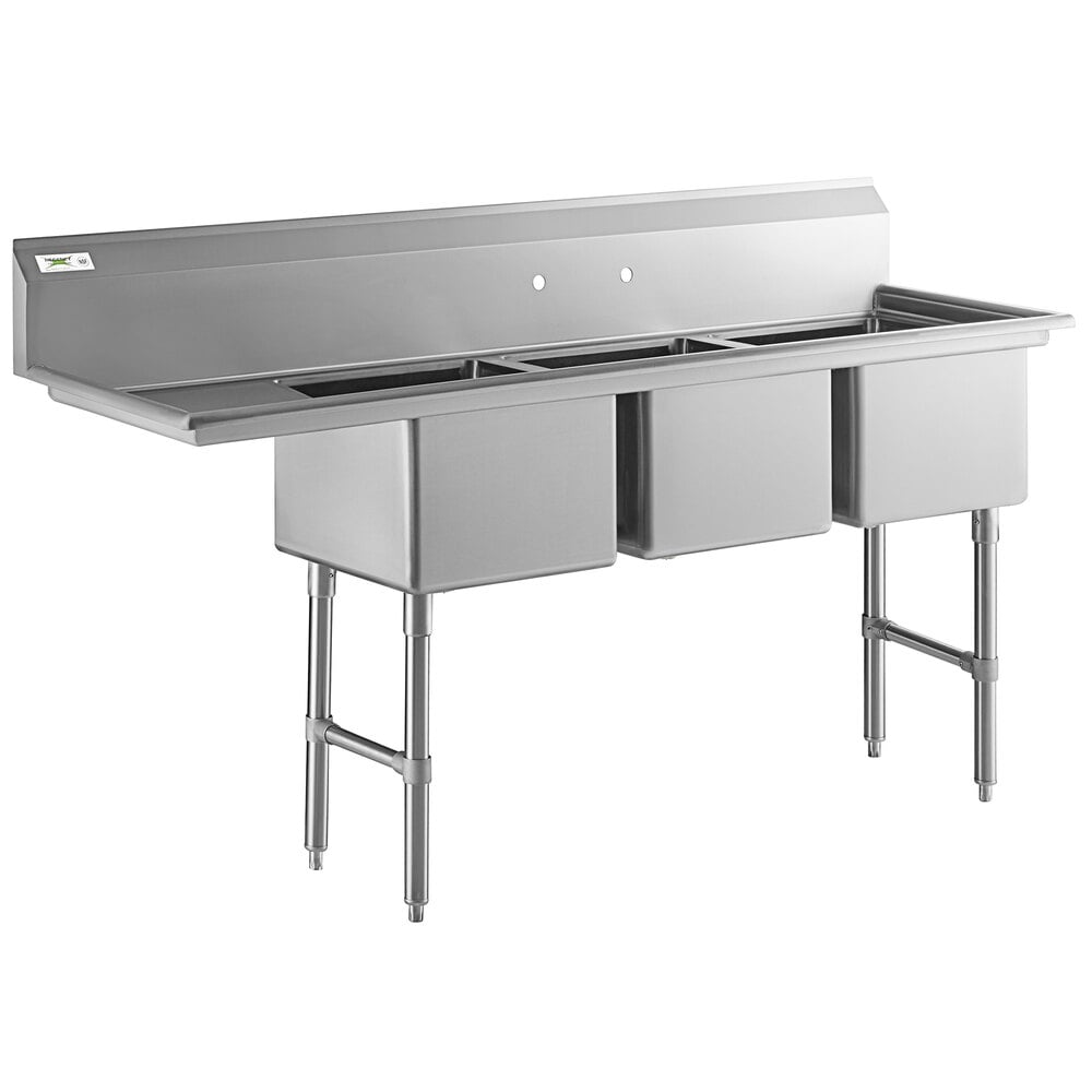 Regency 76" 16-Gauge Stainless Steel Three Compartment Commercial Sink with Stainless Steel Legs, Cross Bracing, and 1 Drainboard - 17" x 17" x 12" Bowls - Left Drainboard