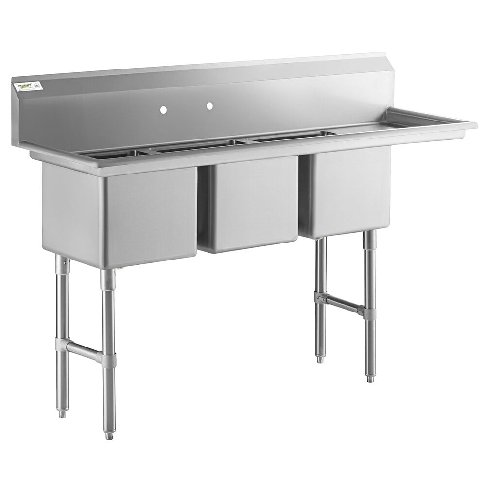 Regency 66 1/2" 16-Gauge Stainless Steel Three Compartment Commercial Sink with Stainless Steel Legs, Cross Bracing, and 1 Drainboard - 15" x 15" x 12" Bowls - Right Drainboard