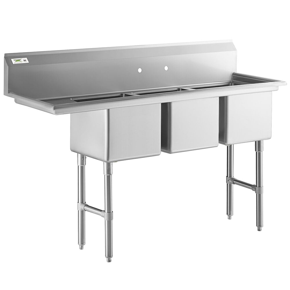 Regency 66 1/2" 16-Gauge Stainless Steel Three Compartment Commercial Sink with Stainless Steel Legs, Cross Bracing, and 1 Drainboard - 15" x 15" x 12" Bowls - Left Drainboard
