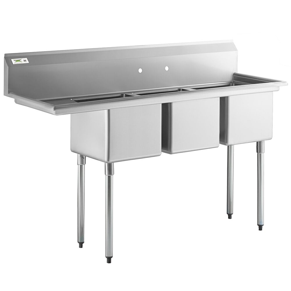 Regency 66 1/2" 16-Gauge Stainless Steel Three Compartment Commercial Sink with Galvanized Steel Legs and 1 Drainboard - 15" x 15" x 12" Bowls - Left Drainboard
