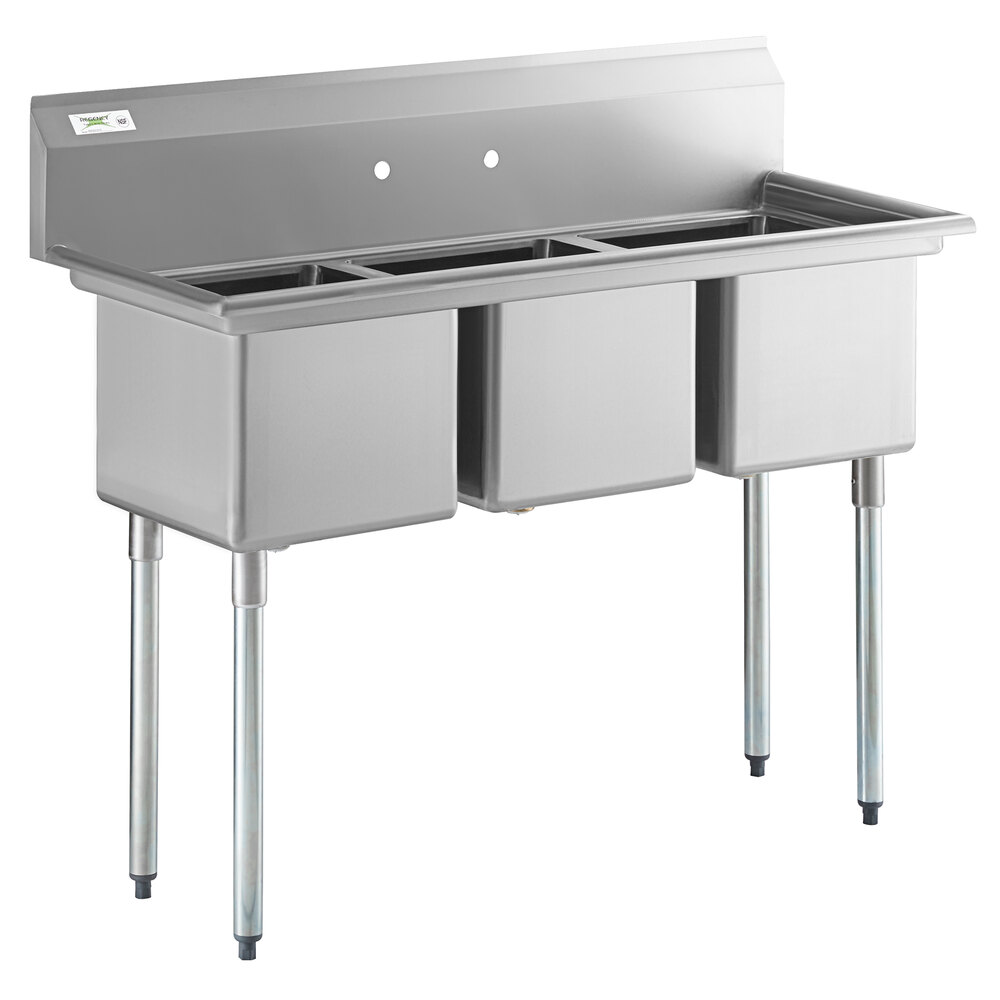 Regency 54" 16-Gauge Stainless Steel Three Compartment Commercial Sink with Galvanized Steel Legs and without Drainboards - 15" x 15" x 12" Bowls