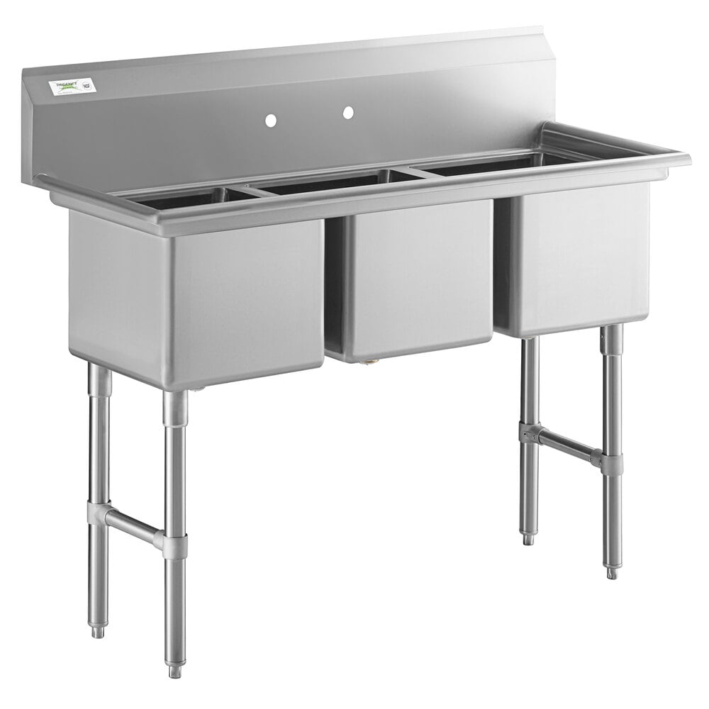 Regency 54" 16-Gauge Stainless Steel Three Compartment Commercial Sink with Stainless Steel Legs, Cross Bracing, and without Drainboard - 15" x 15" x 12" Bowls