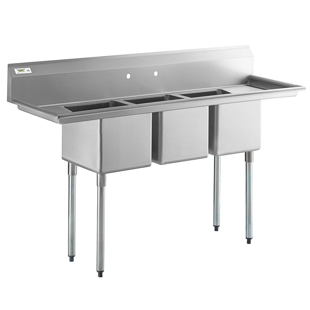 Regency 70" 16 Gauge Stainless Steel Three Compartment Sink with Galvanized Steel Legs and Two Drainboards - 14" x 16" x 12" Bowls