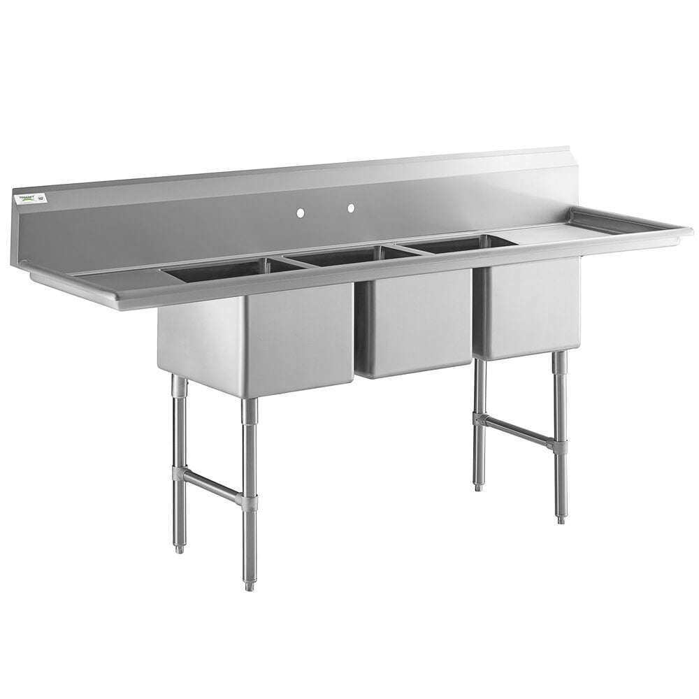 Regency 88" 16-Gauge Stainless Steel Three Compartment Commercial Sink with Stainless Steel Legs, Cross Bracing, and 2 Drainboards - 16" x 20" x 12" Bowls