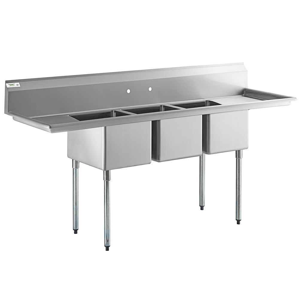 Regency 88" 16 Gauge Stainless Steel Three Compartment Commercial Sink with Galvanized Steel Legs and 2 Drainboards - 16" x 20" x 12" Bowls