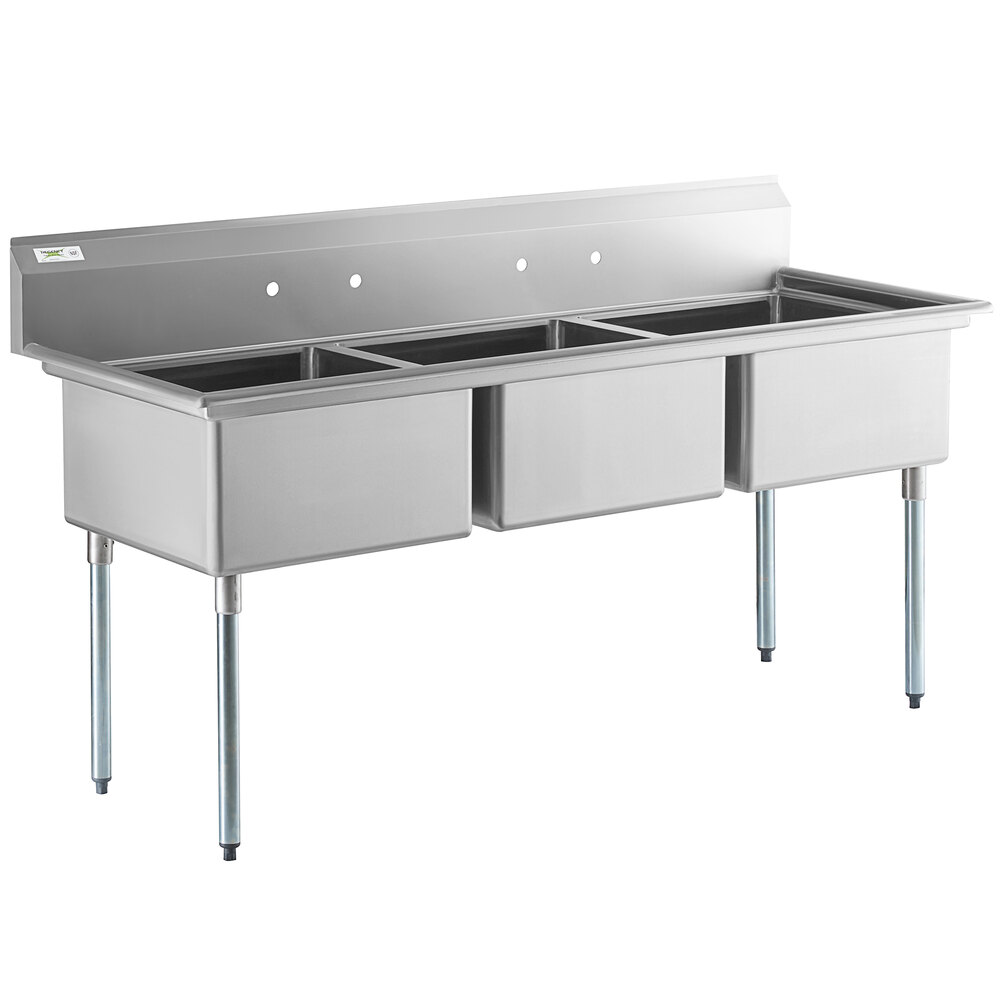 Regency 78" 16-Gauge Stainless Steel Three Compartment Commercial Sink with Galvanized Steel Legs and without Drainboard - 23" x 23" x 12" Bowls