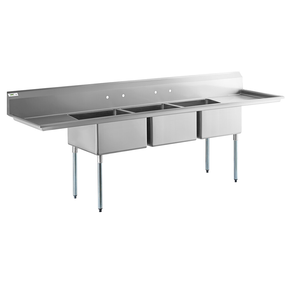 Regency 121" 16-Gauge Stainless Steel Three Compartment Commercial Sink with Galvanized Steel Legs and 2 Drainboards - 23" x 23" x 12" Bowls