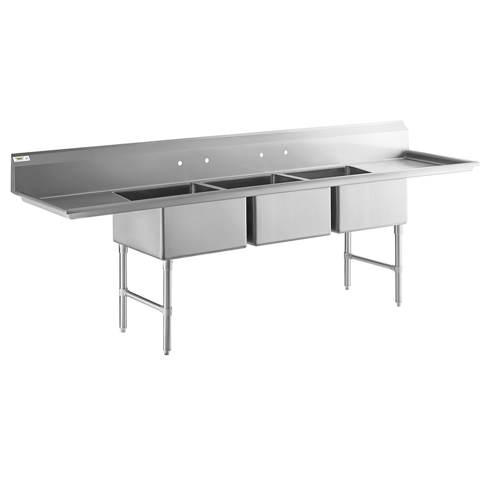 Regency 121" 16-Gauge Stainless Steel Three Compartment Commercial Sink with Stainless Steel Legs, Cross Bracing, and 2 Drainboards - 23" x 23" x 12" Bowls