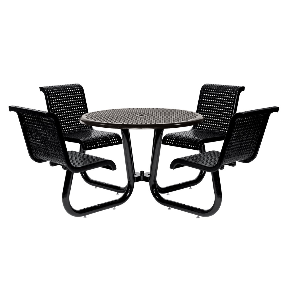 Wabash Valley CM221Q Camino 42" Round Square Perforated Top Portable / Surface-Mount Plastisol Coated Aluminum Outdoor Umbrella Table with 4 Attached Chairs