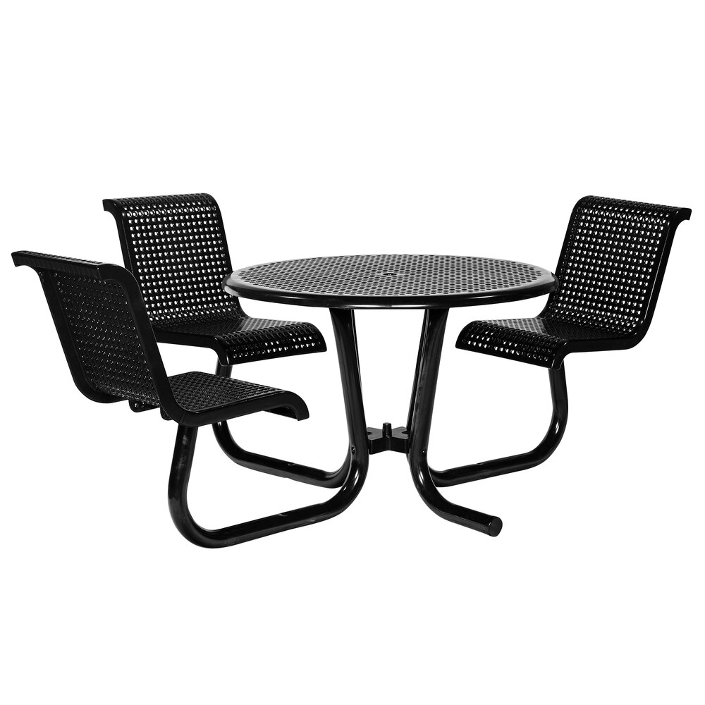 Wabash Valley CM230Q Camino 42" Round Square Perforated Top Surface-Mount Plastisol Coated Aluminum Outdoor ADA Accessible Umbrella Table with 3 Attached Chairs