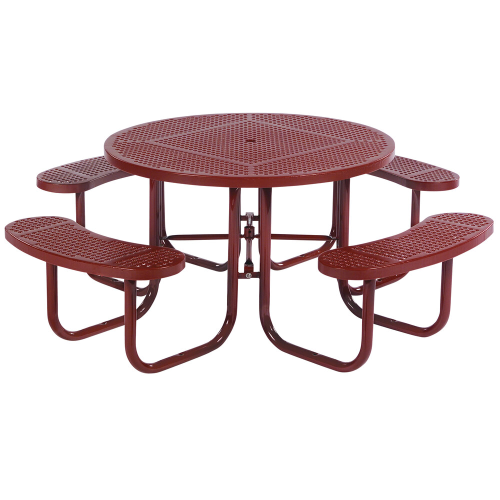 Wabash Valley SG150P Signature Series 46" Round Perforated Portable Plastisol Coated Steel Mesh Outdoor Umbrella Table with 4 Attached Seats