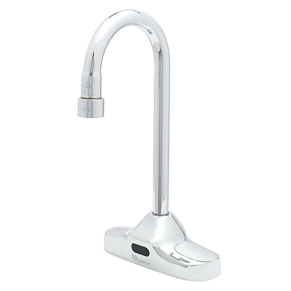 T&S EC-3107-VF05 Deck Mounted ChekPoint Hands-Free Sensor Faucet with 4" Centers, 4 1/8" Gooseneck Spout, and 0.5 GPM Non-Aerated Spray Device