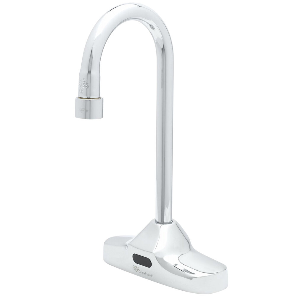 T&S EC-3107-VF05THG Deck-Mounted Hands-Free Sensor Faucet with 4 1/8" Gooseneck Spout, 0.5 GPM Vandal-Resistant Non-Aerated Spray Device, Thermostatic Mixing Valve, and Hydro-Generator