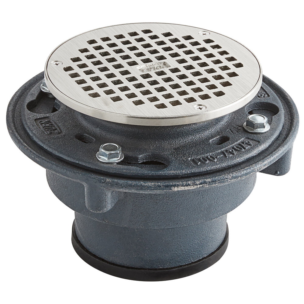 Zurn Elkay ZN415-4NL-5B-P Cast Iron Floor Drain with 5" Round Type B Polished Nickel Bronze Strainer, 4" Neo-Loc Outlet, and Trap Primer Connection