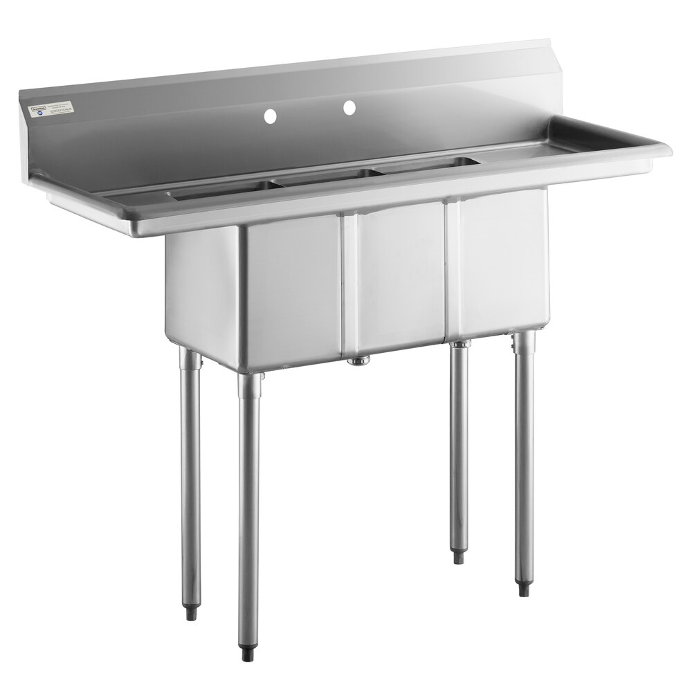 Steelton 54" 18-Gauge Stainless Steel Three Compartment Commercial Sink with 2 Drainboards - 10" x 14" x 12" Bowls