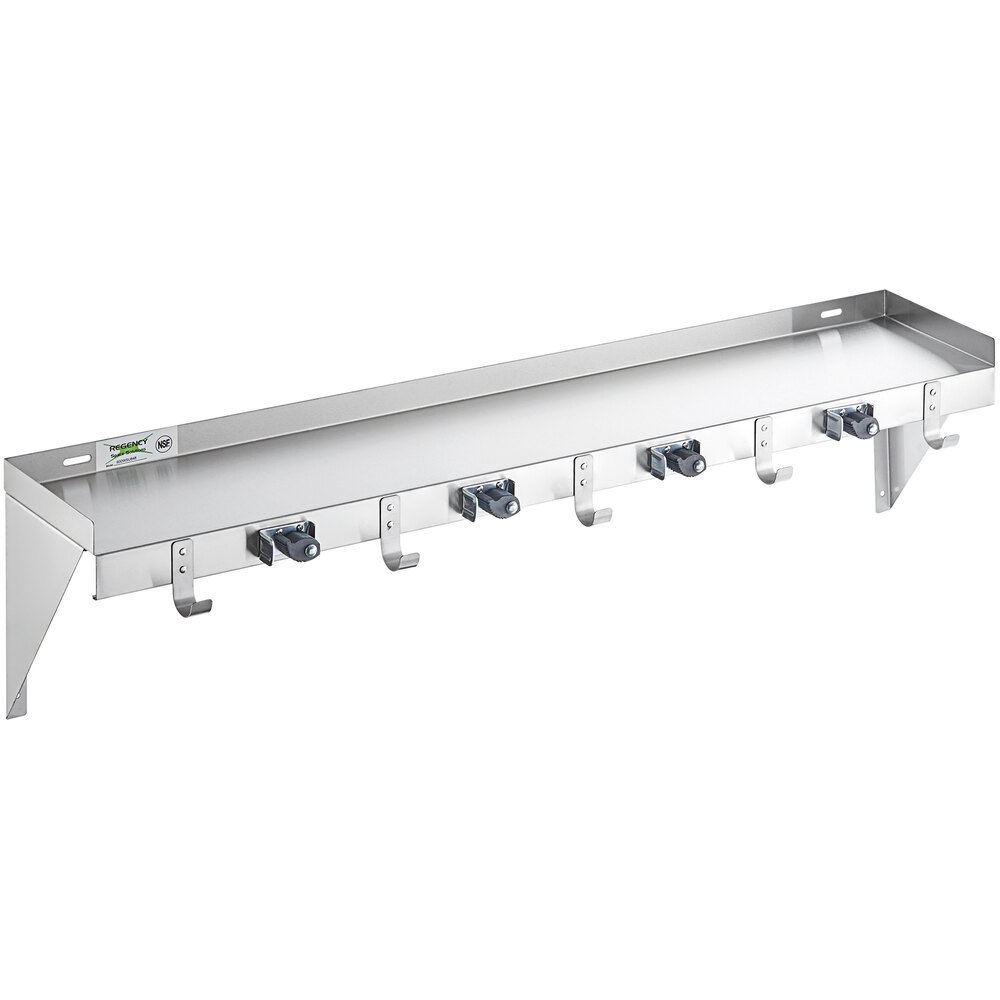 Regency 48" Stainless Steel Utility Shelf with 4 Mop / Broom Holders and 5 Rag Hooks