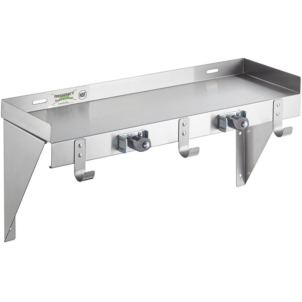 Regency 24" Stainless Steel Utility Shelf with 2 Mop / Broom Holders and 3 Rag Hooks