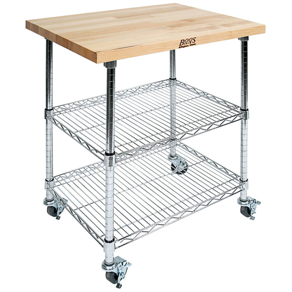 John Boos & Co. MET-MWC-1 Metropolitan 21" x 27" Two-Shelf Chrome Wire Utility Cart with Wood Top