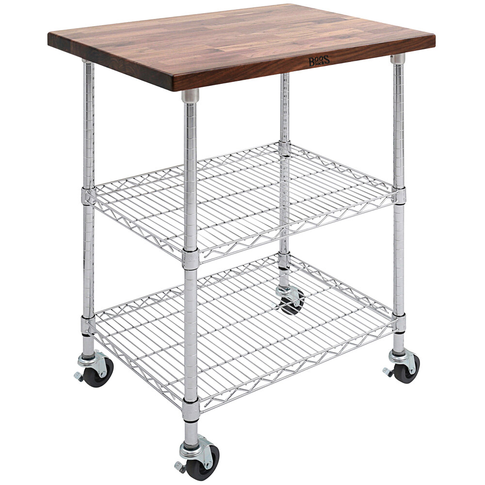 John Boos & Co. MET-WWC-1 Metropolitan 21" x 27" Two-Shelf Chrome Wire Utility Cart with Walnut Wood Top